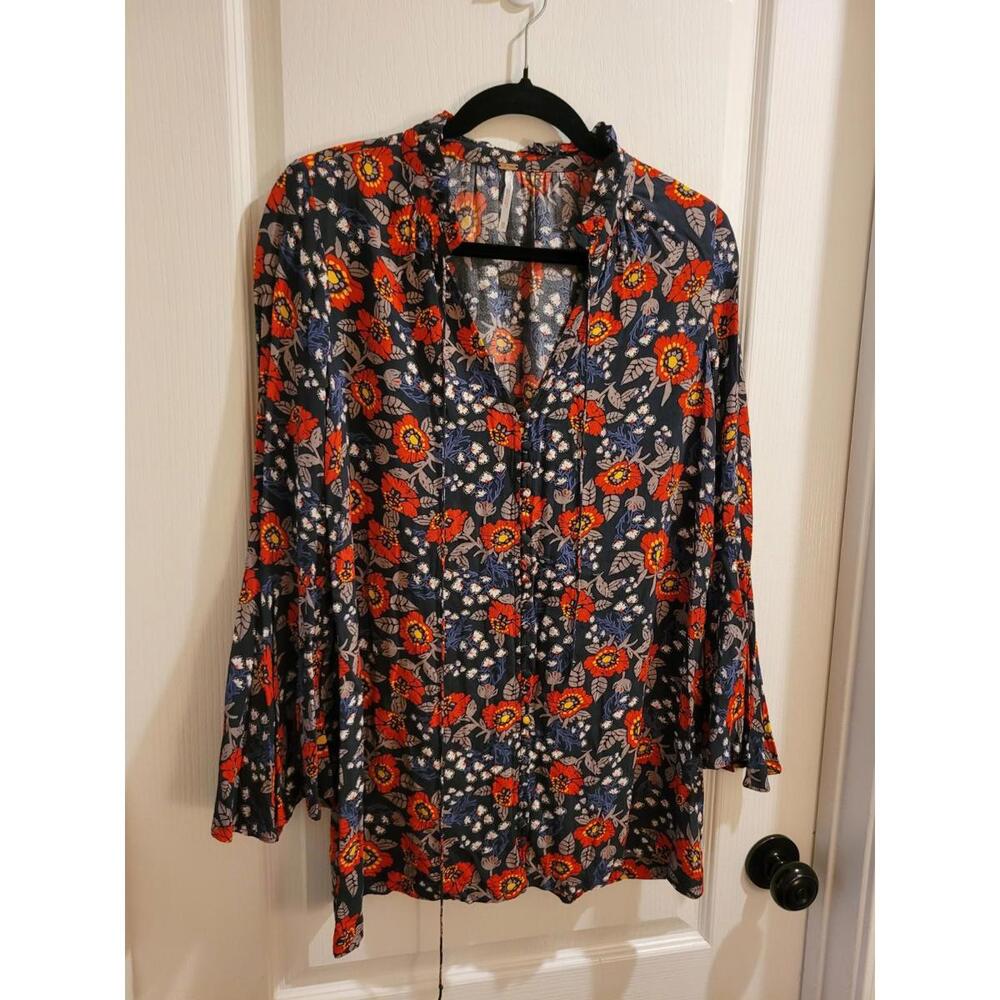Free People women Floral Blouse With Tie Neck And Beautiful Flutter Long Sleeves